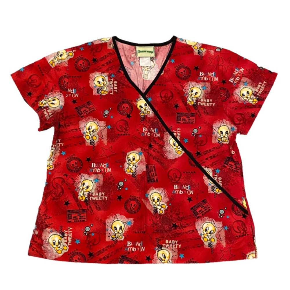 Vintage Baby Looney Tunes Tweety Bird Scrub Top Women’s L Medical/Dental Shirt